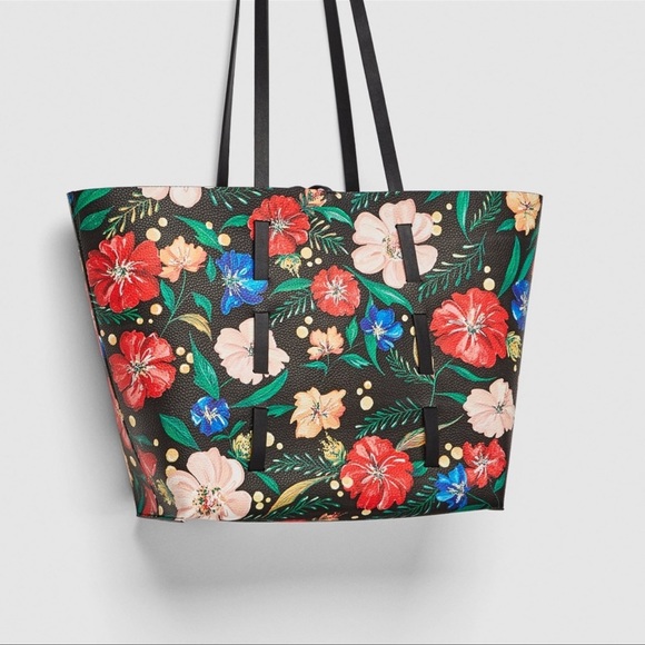 Zara Handbags - Zara Reversible Faux Leather Floral Print Tote Bag